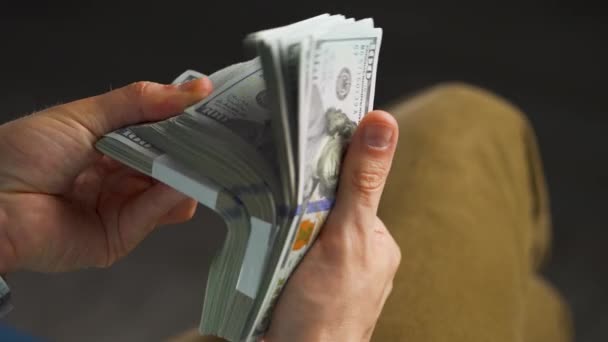 Άνθρωπος Ελέγχει Χαρτονομίσματα Του Δολαρίου Έννοια Της Επένδυσης Της Επιτυχίας — Αρχείο Βίντεο