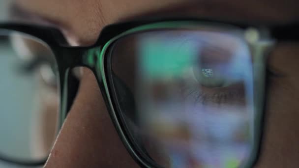 Woman Glasses Looking Monitor Surfing Internet Night Monitor Screen Reflected — Stock Video