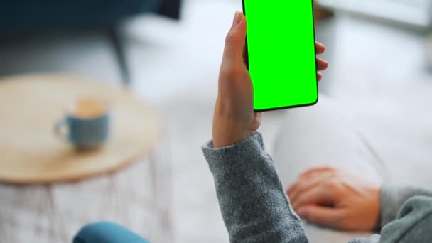 妇女在家使用智能手机与绿色模拟屏幕在垂直模式 女孩浏览互联网 观看内容 Pov 猫躺在椅背上 — 图库视频影像