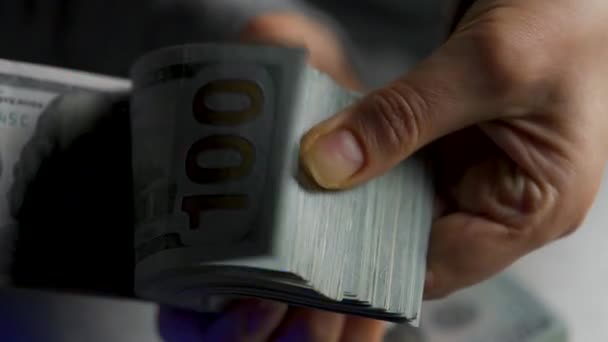 女性の手は 警察の車のライトを背景に米ドル札をチェックしたり 現金で数えたりします 金融犯罪の概念 ロイヤリティフリーのストック動画