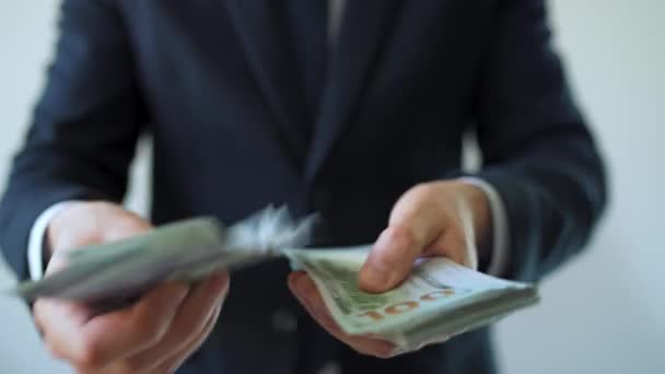 Formeel Geklede Man Die Dollar Biljetten Telt Close Begrip Investering — Stockvideo