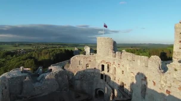 Vue Aérienne Sur Château Ogrodzieniec Coucher Soleil Château Médiéval Pierre — Video