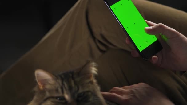Muž Používající Smartphone Zelenou Maketou Obrazovky Vertikálním Režimu Hladí Nadýchanou — Stock video