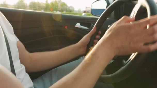 Man Driving Car Close Side View Rays Setting Sun Shine — Stock Video
