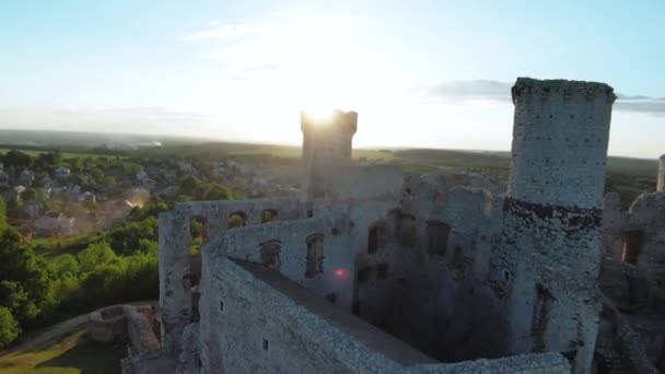 Aerial View Castle Ogrodzieniec Sunset Stone Medieval Castle Built Rock — Stock Video