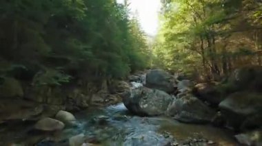 Fast flight over a mountain river flowing among large stones and surrounded by trees on the banks. Tatra Mountains, Slovakia. POV filmed with FPV drone.