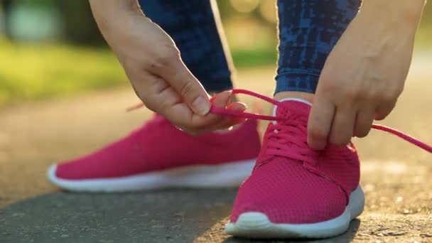 Mujer Atando Cordones Zapatos Mientras Trota Camina Atardecer Cerca Movimiento — Vídeo de stock
