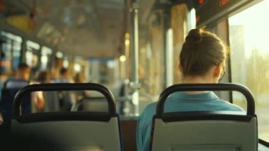 Public transport. Woman with glasses in a tram looking out the window. Back view. City, urban, transportation. Slow motion