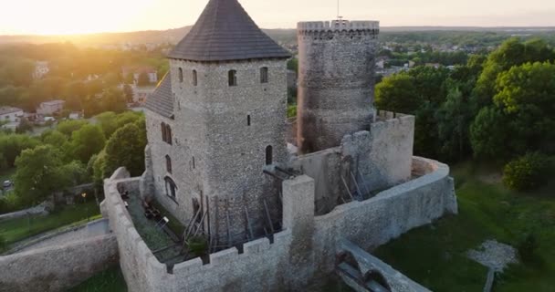 Aerial View Castle Bedzin Sunset Upper Silesia Poland Stone Medieval — 图库视频影像