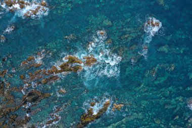 Top dowm view of a deserted coast. Rocky shore of the island of Tenerife, Canary Islands, Spain.
