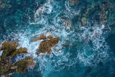 Top dowm view of a deserted coast. Rocky shore of the island of Tenerife, Canary Islands, Spain.