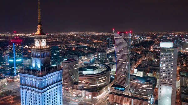 Aerial View Warsaw Business Center Night Skyscrapers Palace Science Culture — Stok Foto