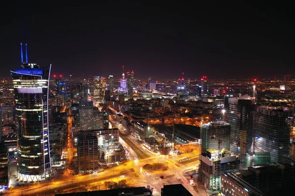 Aerial View Warsaw Business Center Night Skyscrapers Palace Science Culture – stockfoto