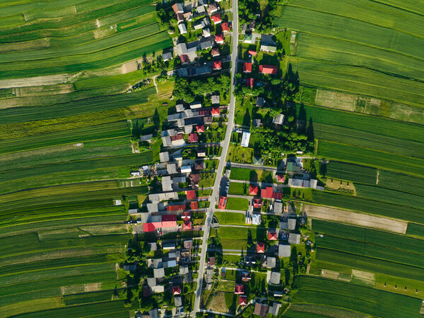 Aerial View Decorative Ornaments Diverse Green Fields Houses Arranged Line Royalty Free Stock Photos