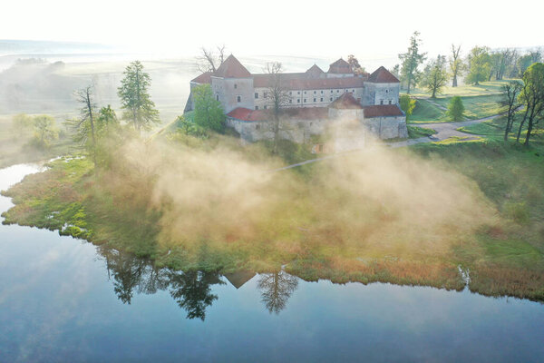Aerial View Svirzh Castle Lviv Ukraine Morning Fog Dawn Lake Stock Photo