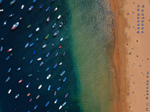 Top View Atlantic Ocean Golden Sand Sunbeds Unrecognizable People Colorful Stock Picture