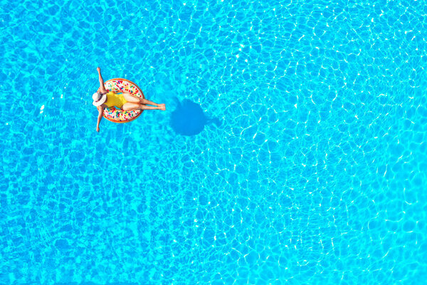 Aerial View Woman Yellow Swimsuit Lying Donut Pool Concept Summer Stock Photo