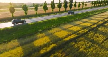 Aerial view of the road and cars driving along it at sunset. On the sides of the road are fields during harvest.