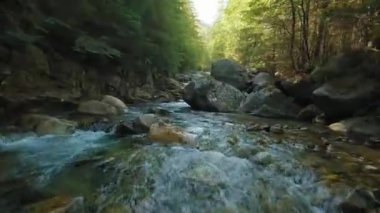 Fast flight over a mountain river flowing among large stones and surrounded by trees on the banks. Tatra Mountains, Slovakia. POV filmed with FPV drone.