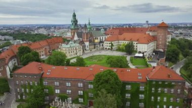 Flying around the Wawel royal Castle, Cathedral. Krakow, Poland. 