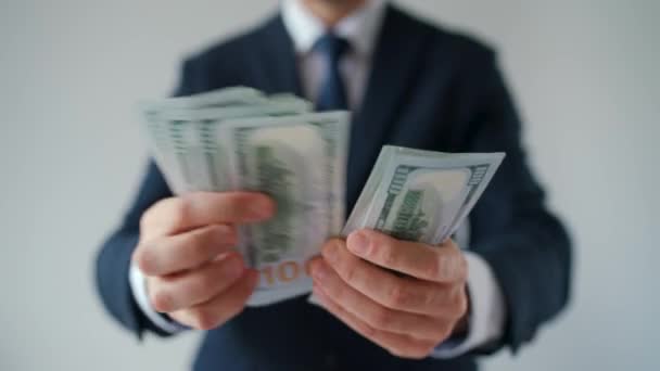 Formally Dressed Man Counting Dollar Bills Close Concept Investment Success — Video Stock