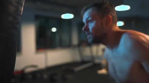 Alone Male Boxer Working Out Blows Punching Bag Gym Evening — Wideo stockowe