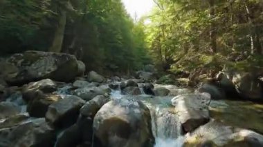 Fast flight over a mountain river flowing among large stones and surrounded by trees on the banks. Tatra Mountains, Slovakia. POV filmed with FPV drone.
