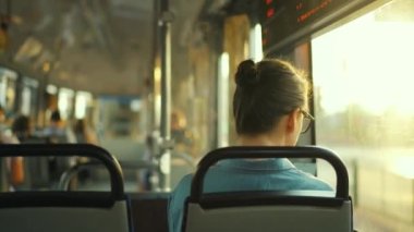 Toplu taşıma. Camdan dışarı bakan tramvayda gözlüklü bir kadın. Arkadan bak. Şehir, şehir, ulaşım.