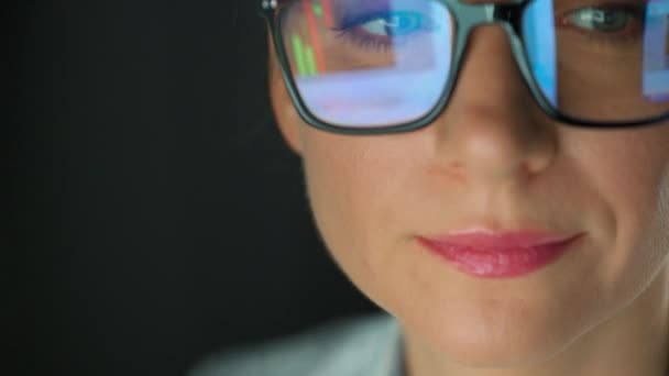 Woman Glasses Looking Monitor Working Charts Analytics Monitor Screen Reflected — Stock Video