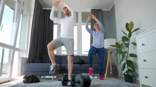 Kaukasisches Paar Beim Cardio Training Hause Einem Gemütlichen Hellen Raum — Stockvideo