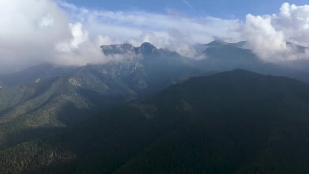 Hiperlapso Aéreo Hermoso Paisaje Montañoso Verano Bosque Rocas Volando Entre — Vídeos de Stock