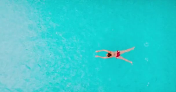 Top View Woman Red Swimsuit Swimming Pool Summer Lifestyle — Stock video