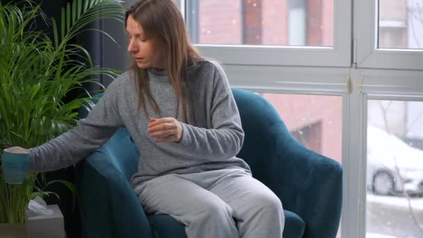 Unhealthy Caucasian Woman Sits Chair Drinks Hot Tea Cold Medicine — Vídeos de Stock