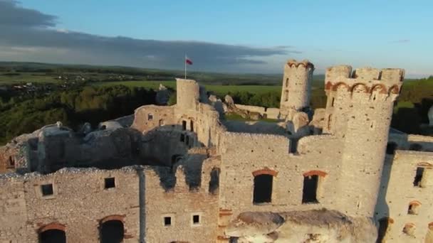 Aerial View Castle Ogrodzieniec Sunset Poland Stone Medieval Castle Built — Stock Video