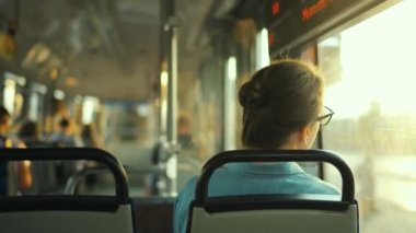 Public transport. Woman with glasses in a tram looking out the window. Back view. City, urban, transportation. Slow motion