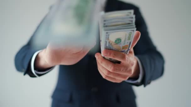 Formally Dressed Man Makes Money Rain Dollar Bills Slow Motion — Vídeos de Stock
