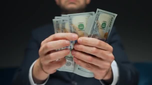 Formally Dressed Man Counting Dollar Bills Close Concept Investment Success — Vídeo de stock