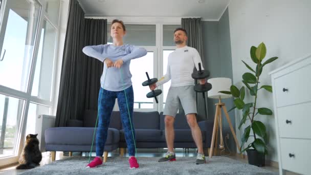 Caucasian Couple Doing Strength Training Home Cozy Bright Room Slow — Stock videók