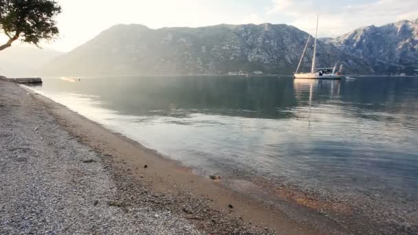 Sailing boat in sea in sunrise lights — Stock Video