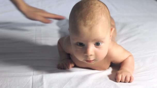 Niño intenta mantener la cabeza y gatear — Vídeo de stock