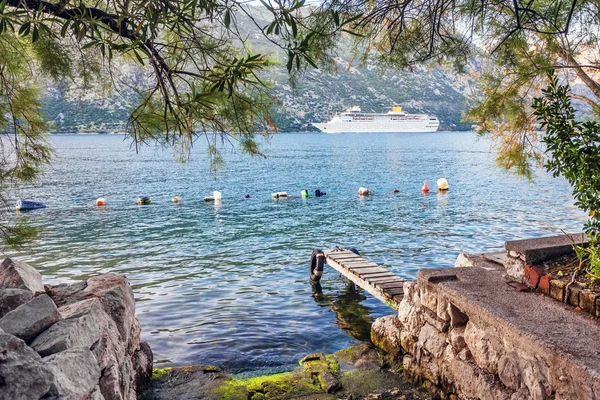 Tourist white cruise sea liner is sailing on the mountain backgr — Stock Photo, Image