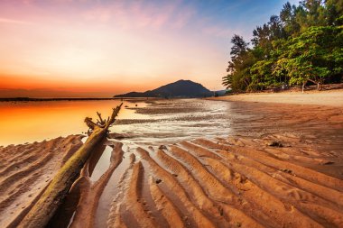 Günbatımında tropik plaj.