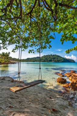 kum tropik sahilde salıncaklar.