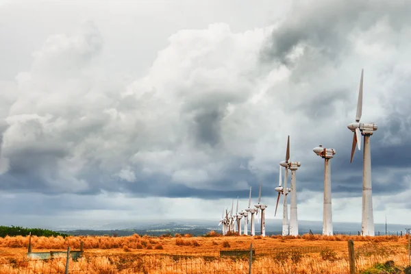 Un parque eólico roto bajo un cielo sombrío — Foto de Stock
