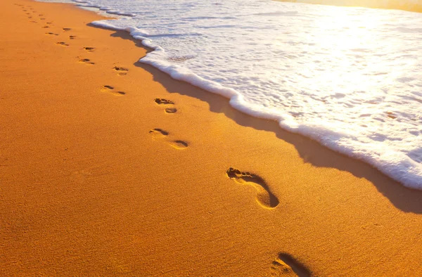Beach, wave and footsteps at sunset time — Stock Photo © hydromet #14829031