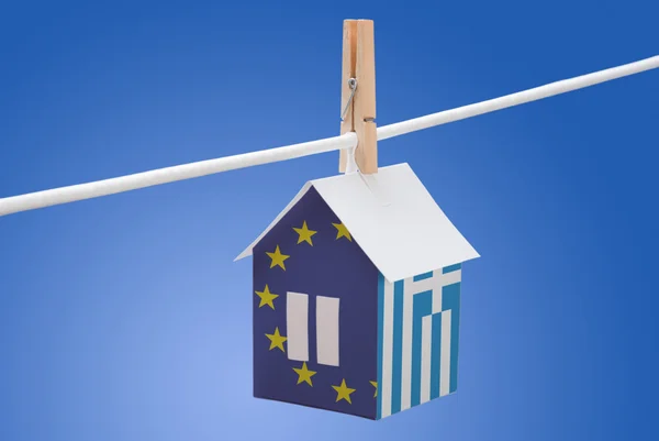 Greece, Greek and EU flag on paper house — Stock Photo, Image