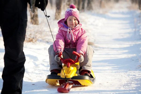 Dad lucky child on a sled — Stock Photo, Image
