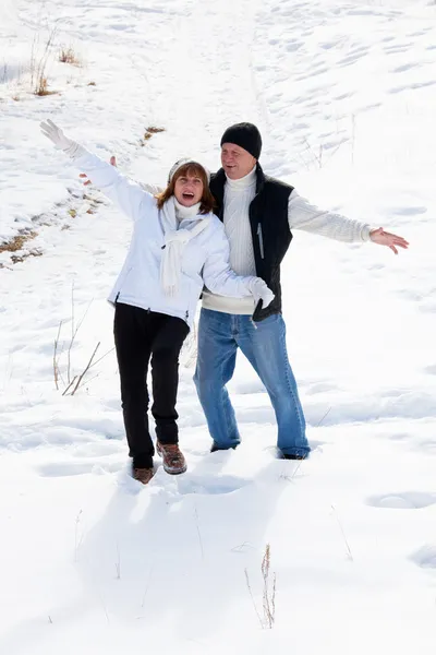 Feliz casal de idosos no parque de inverno — Fotografia de Stock