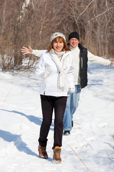 Feliz pareja de ancianos en el parque de invierno —  Fotos de Stock