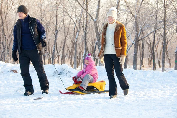 Passeggiate in famiglia in un parco invernale — Foto Stock